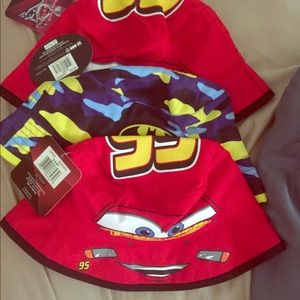 2 lightning McQueen and 1 Batman bucket hats